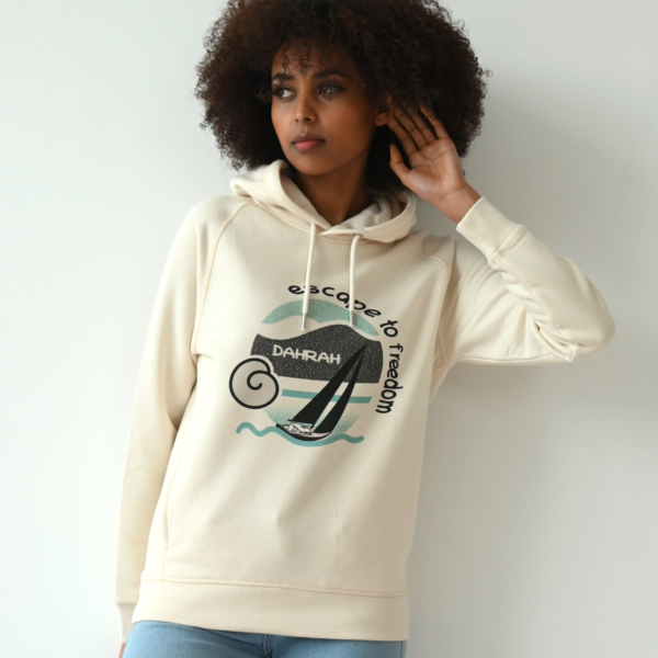 Beautiful high quality organic hoodie with print of a sailing boat by Dahrah Darah Fashion.
