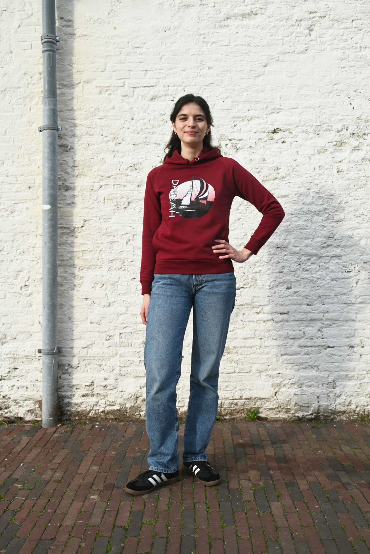 Beautiful high quality organic hoodie with print of a sailing boat designed by Dahrah Darah Fashion.