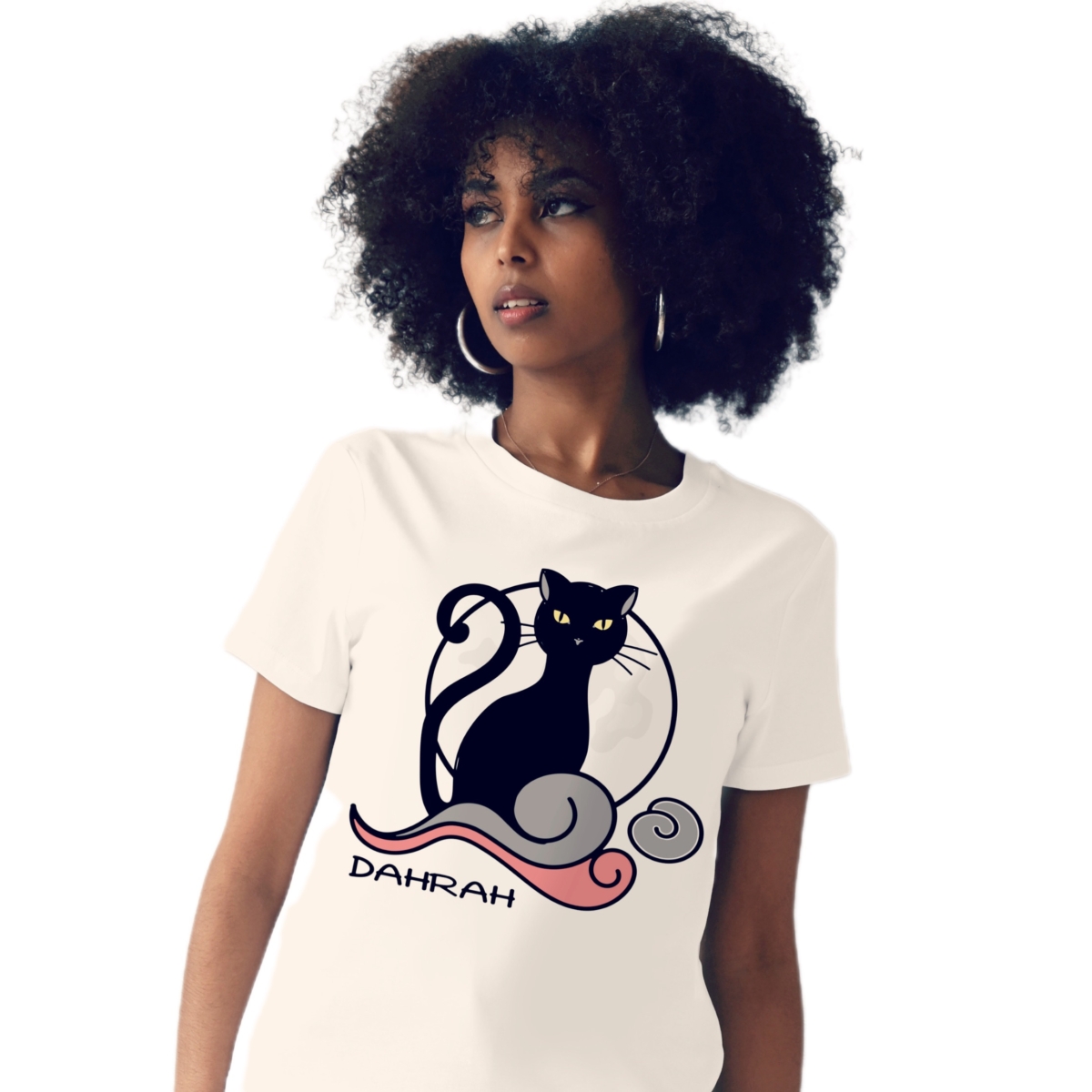 Organic cotton T-shirt with print of a black cat by Dahrah Darah.