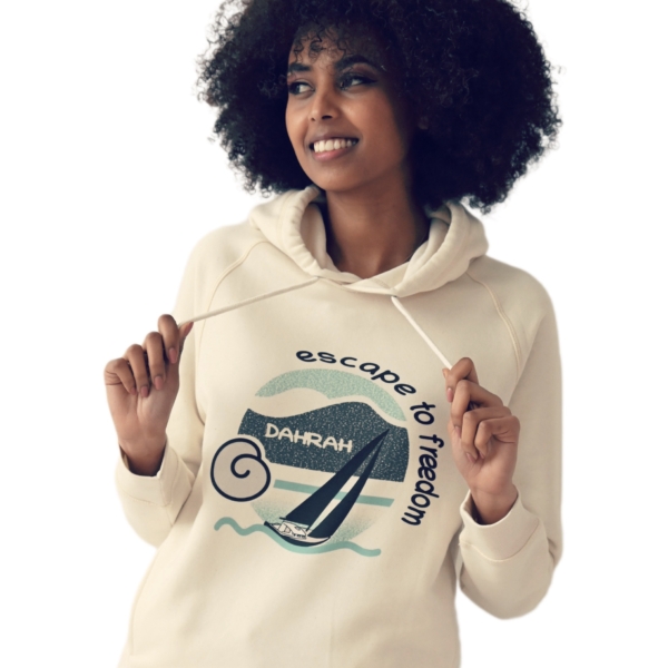 Beautiful high quality organic hoodie with print of a sailing boat designed by Dahrah Darah Fashion.