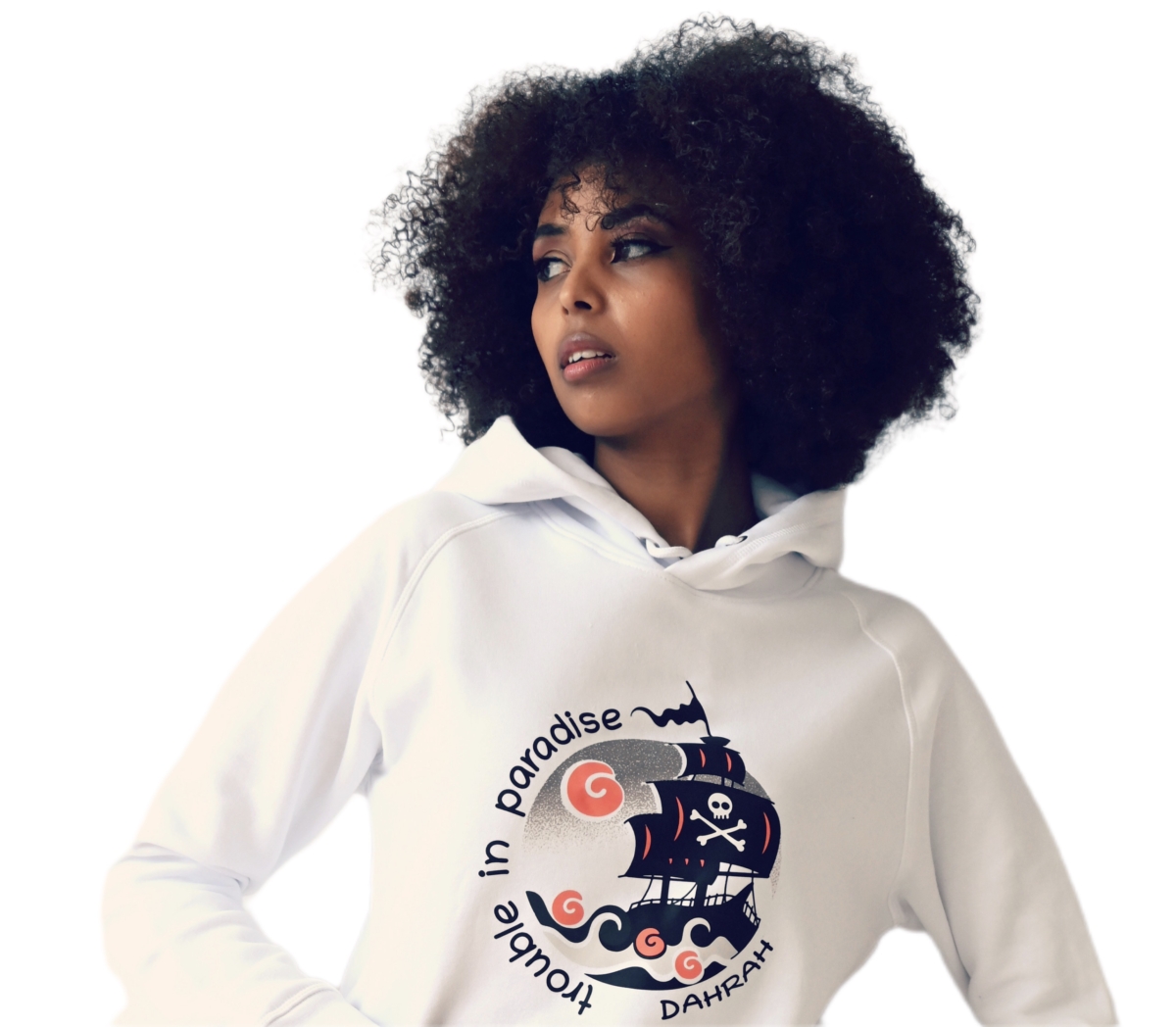 Beautiful high quality organic hoodie with print of a pirate ship designed by Dahrah Darah Fashion.