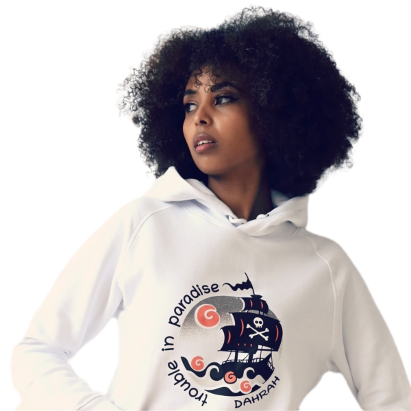 Beautiful high quality organic hoodie with print of a pirate ship designed by Dahrah Darah Fashion.