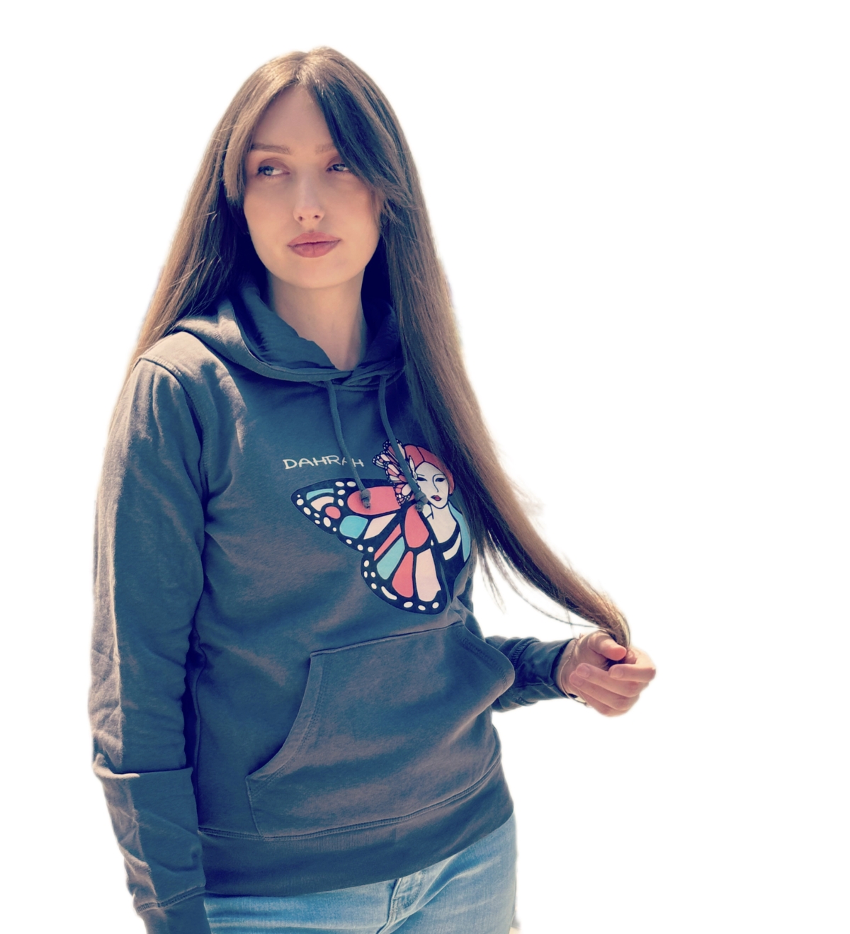 Organic hoodie with print of a geisha and butterfly by Dahrah Darah Fashion.