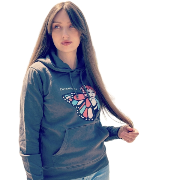 Organic hoodie with print of a geisha and butterfly by Dahrah Darah Fashion.