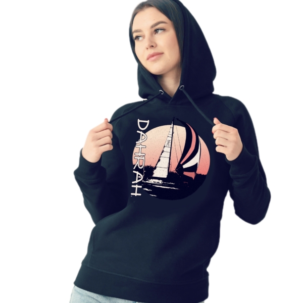 Beautiful high quality organic hoodie with print of a sailing boat designed by Dahrah Darah Fashion.