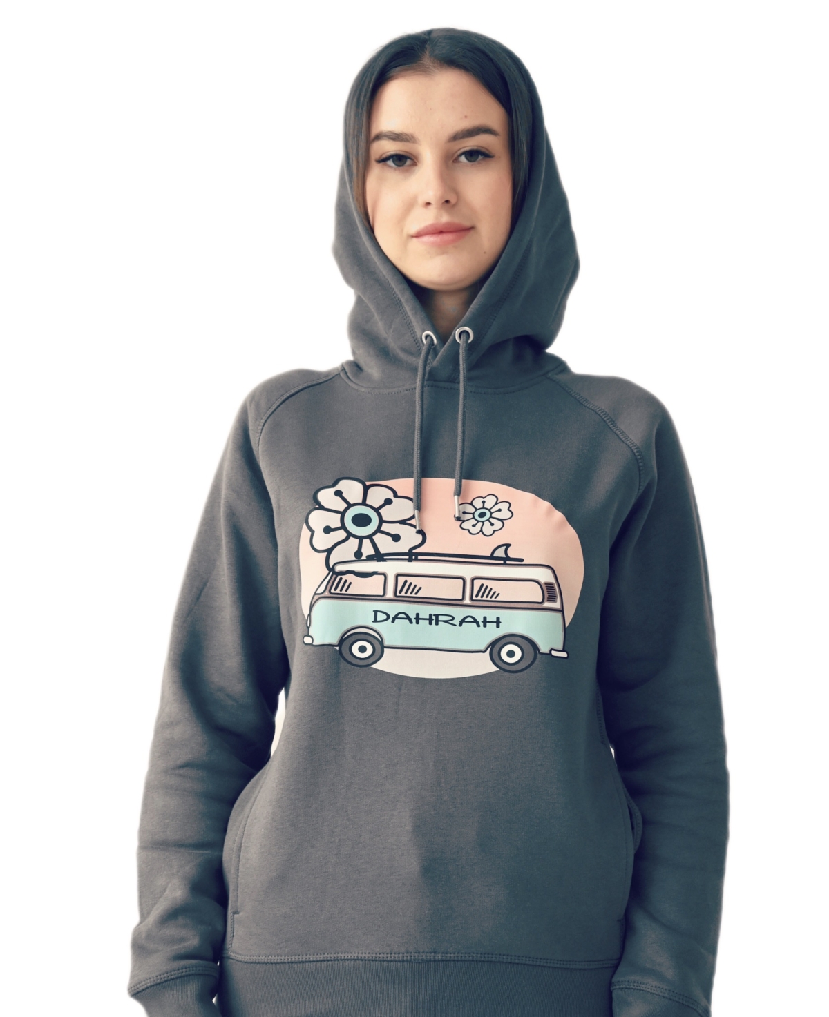 Beautiful high quality organic hoodie with print of a surf van designed by Dahrah Darah Fashion.