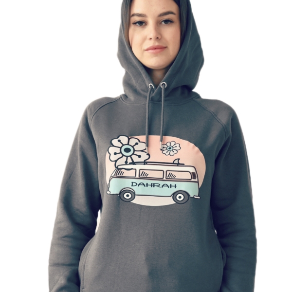 Beautiful high quality organic hoodie with print of a surf van designed by Dahrah Darah Fashion.