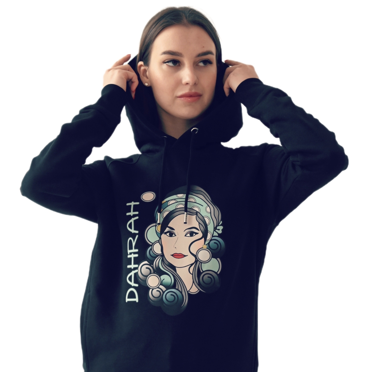 Beautiful high quality organic hoodie with print of a girl with black curls designed by Dahrah Darah Fashion.