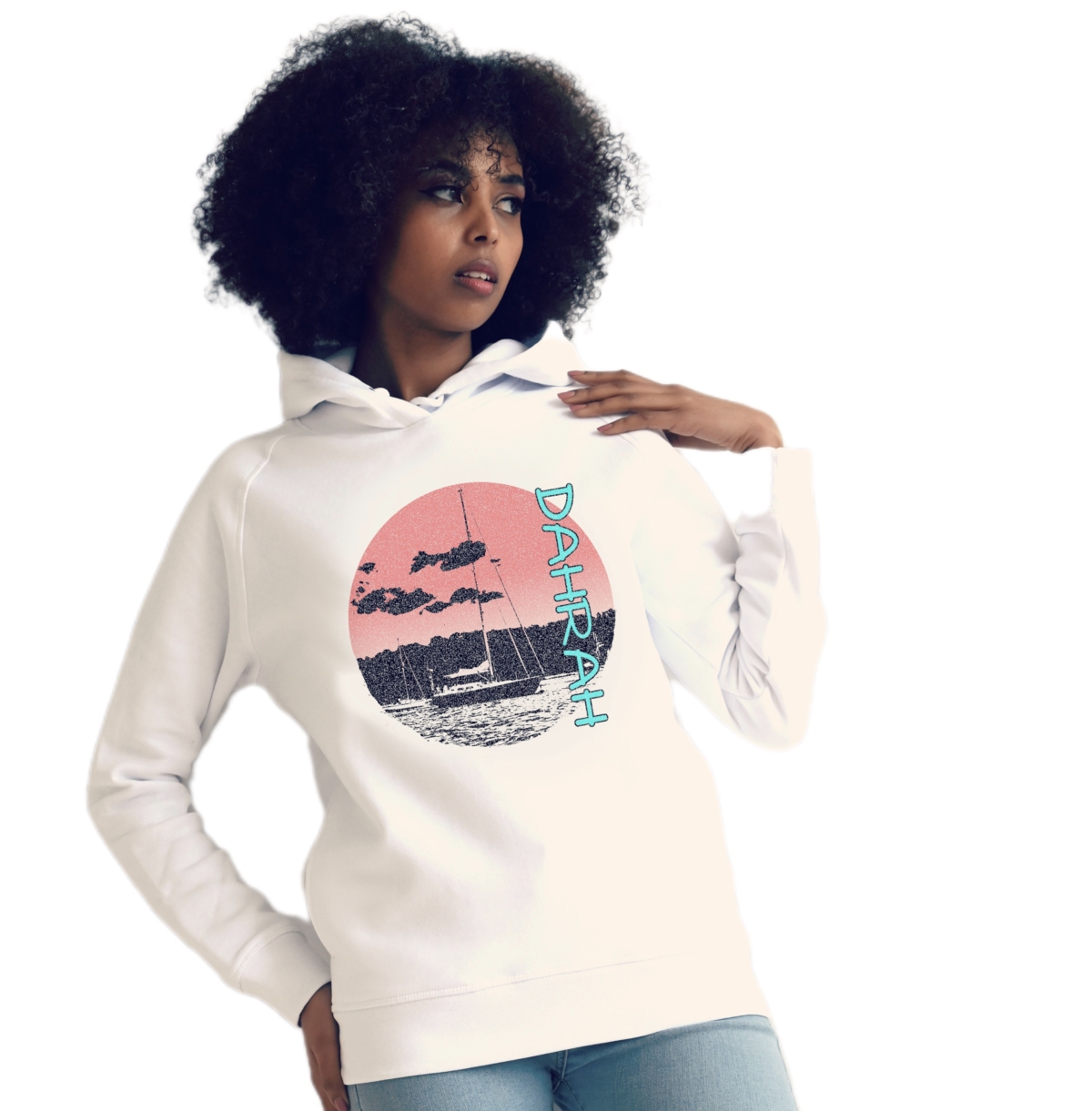 Dahrah Fashion unisex hoodie with print of a sailboat anchored at a beach.