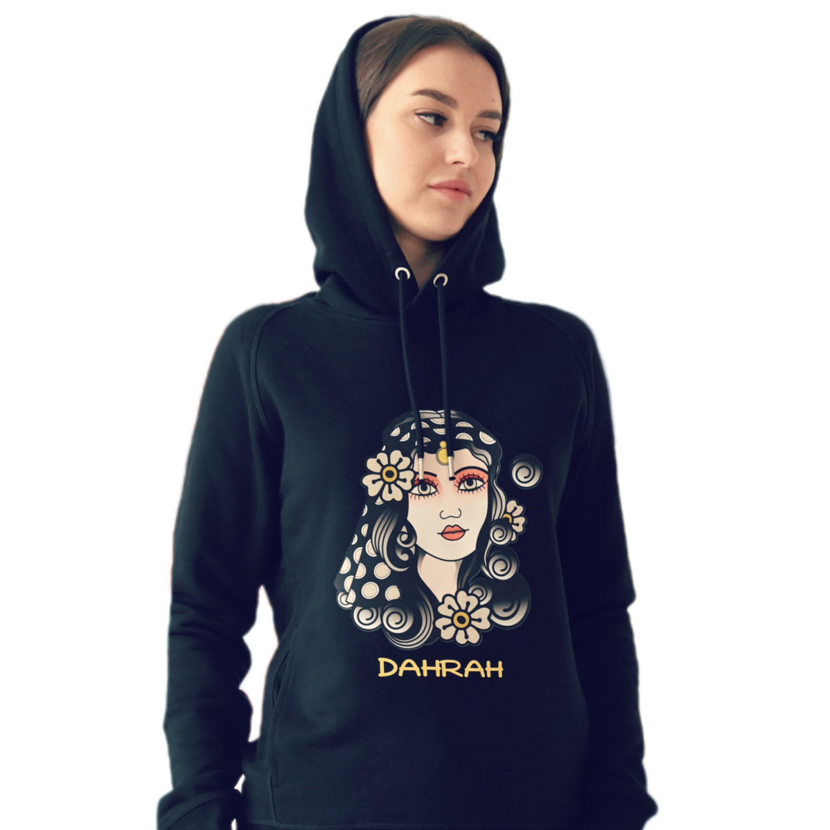 Beautiful high quality organic hoodie with print of a pirate girl in traditional tattoo style designed by Dahrah Darah Fashion.