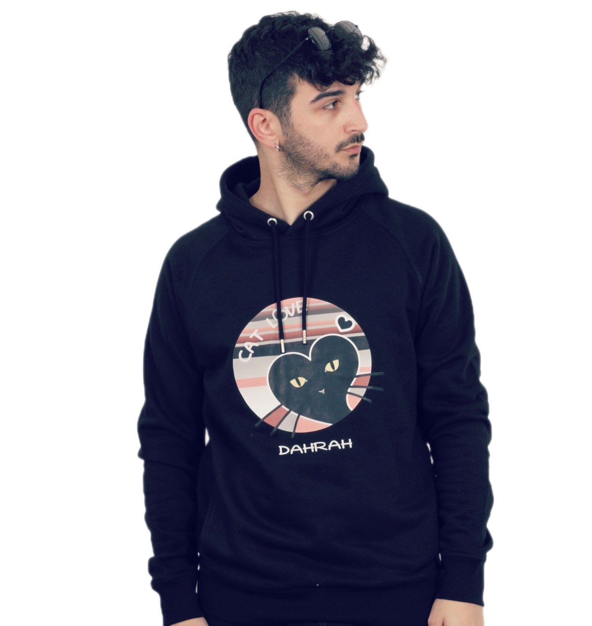 Beautiful high quality organic hoodie with print of a heart shaped black cat by Dahrah Darah Fashion.