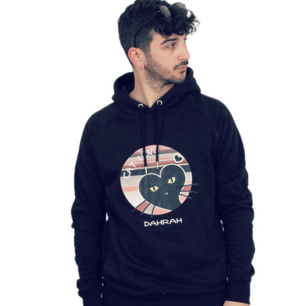 Beautiful high quality organic hoodie with print of a heart shaped black cat by Dahrah Darah Fashion.