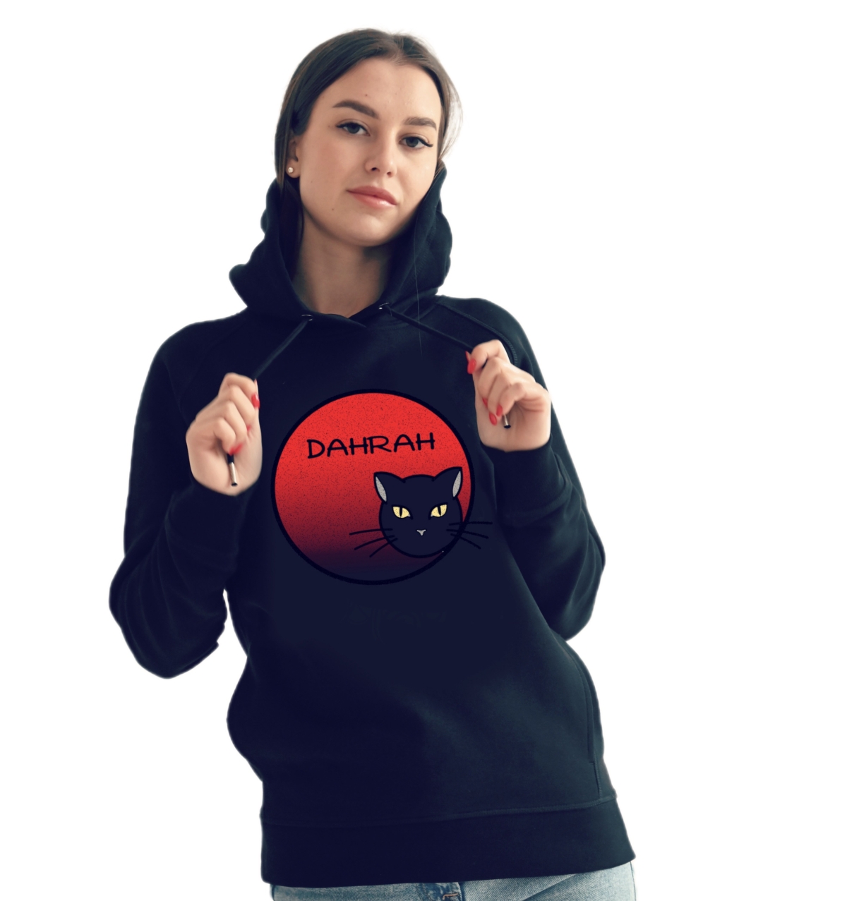 Beautiful high quality organic hoodie with print of a BLACK CAT designed by Dahrah Darah Fashion.