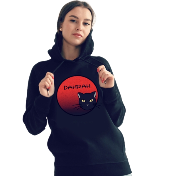 Beautiful high quality organic hoodie with print of a BLACK CAT designed by Dahrah Darah Fashion.