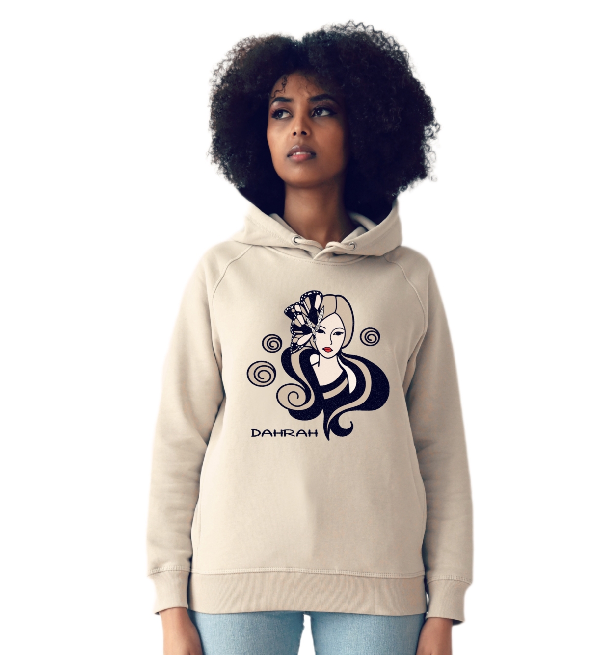 Beautiful high quality organic hoodie with print of a geisha by Dahrah Darah Fashion.