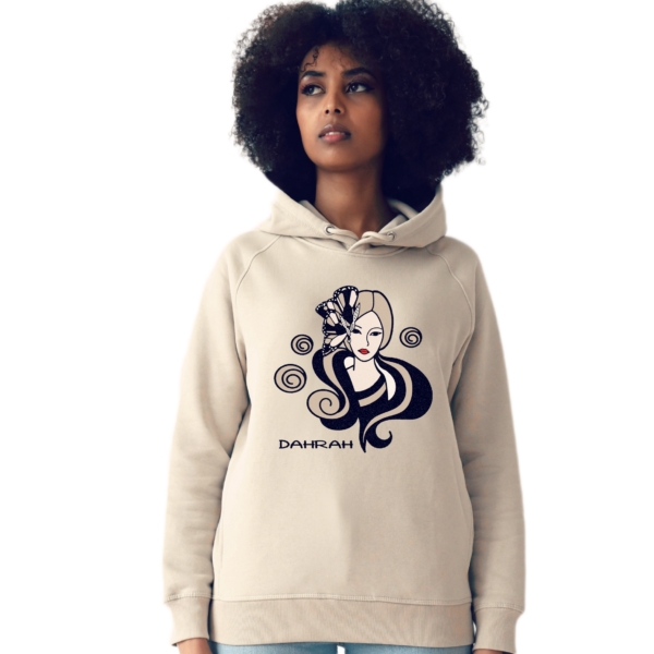 Beautiful high quality organic hoodie with print of a geisha by Dahrah Darah Fashion.