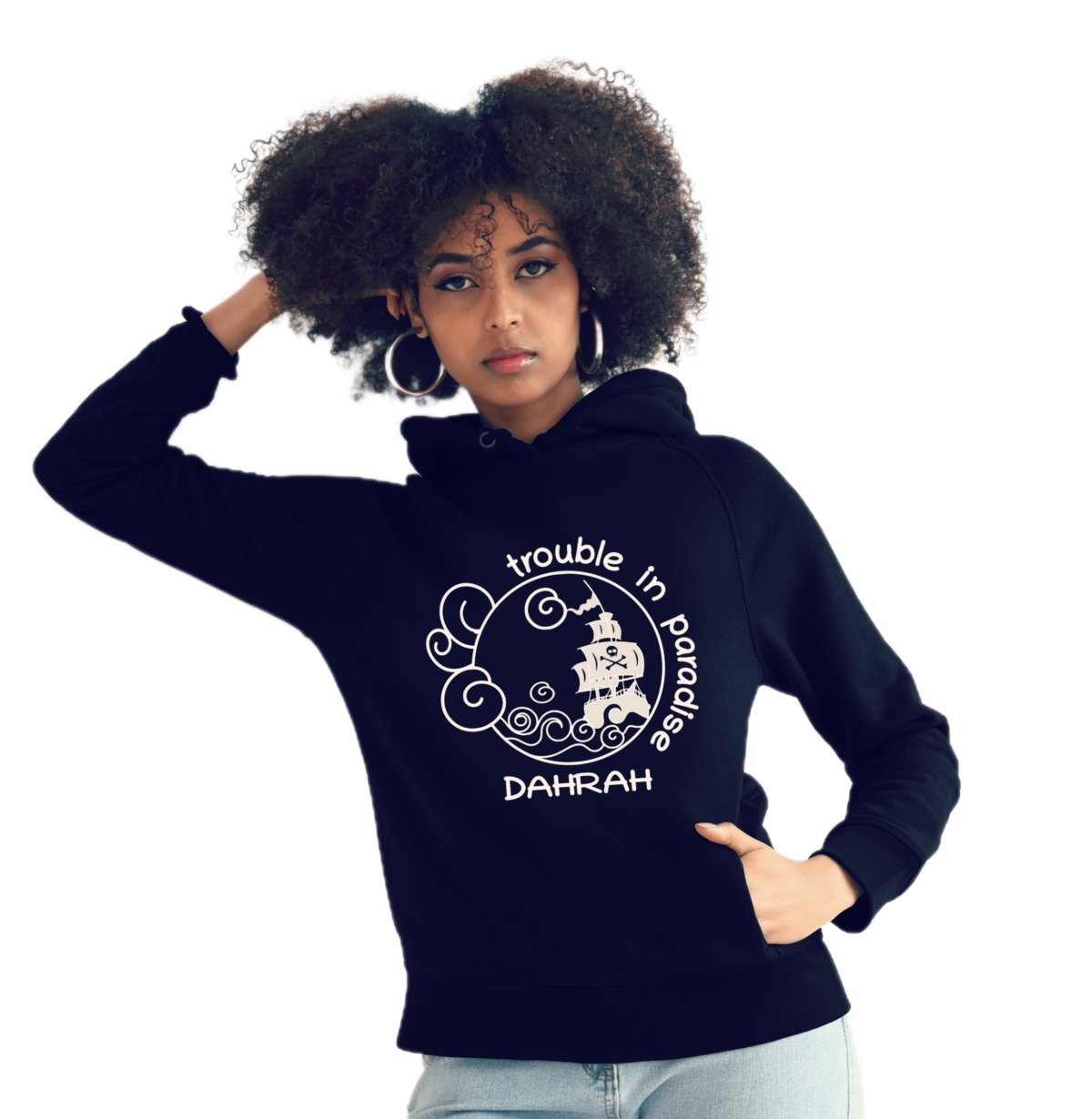 Beautiful high quality organic hoodie with print of a pirate ship designed by Dahrah Darah Fashion.