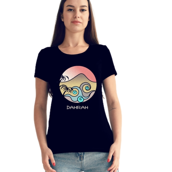 Organic cotton T-shirt with print of a tropical beach by Dahrah Darah Fashion.