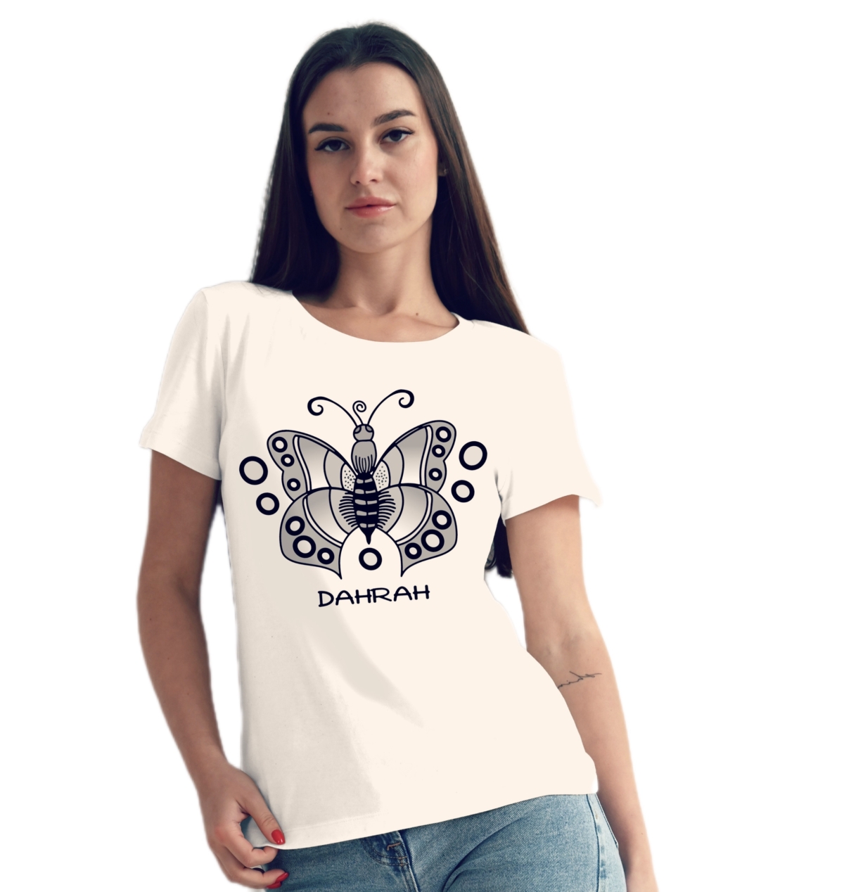 Organic cotton T-shirt for ladies with print of a butterfly by Dahrah Darah Fashion.