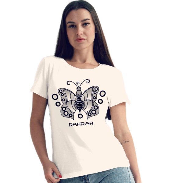 Organic cotton T-shirt for ladies with print of a butterfly by Dahrah Darah Fashion.