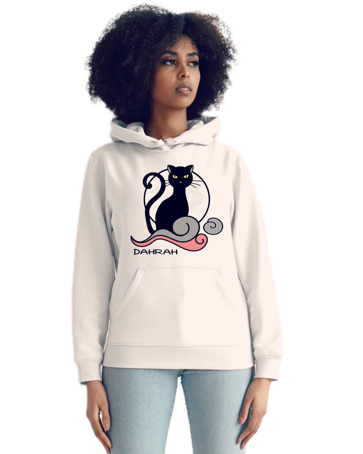 Organic hoodie with print of a BIG BLACK CAT by Dahrah Darah Fashion.