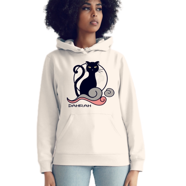 Organic hoodie with print of a BIG BLACK CAT by Dahrah Darah Fashion.