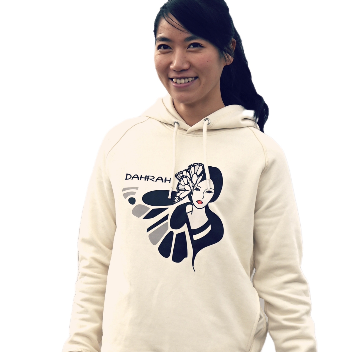 Beautiful high quality organic hoodie with print of a geisha by Dahrah Darah Fashion.