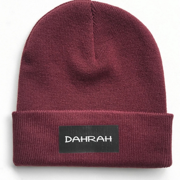 Grey beanie with organic fabric with Dahrah Darah Fashion logo.