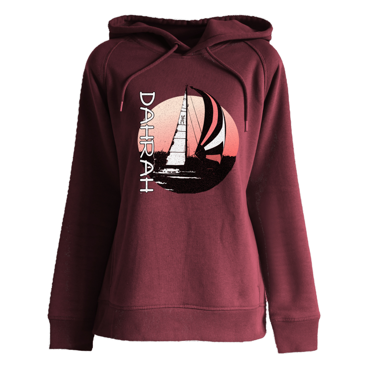 Beautiful high quality organic hoodie with print of a sailing boat designed by Dahrah Darah Fashion.