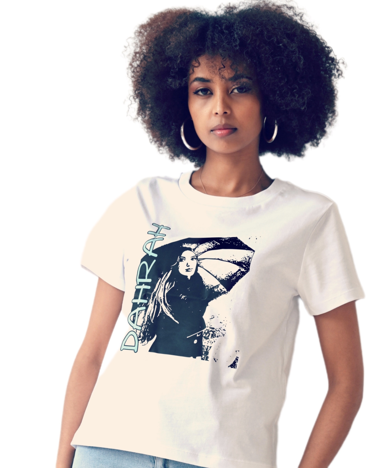 Organic t-SHIRT with print of an elegant lady with umbrella by Dahrah Darah Fashion.