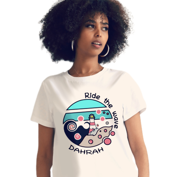 Organic t-shirt with print of a lighthouse in a storm by Dahrah Darah Fashion.