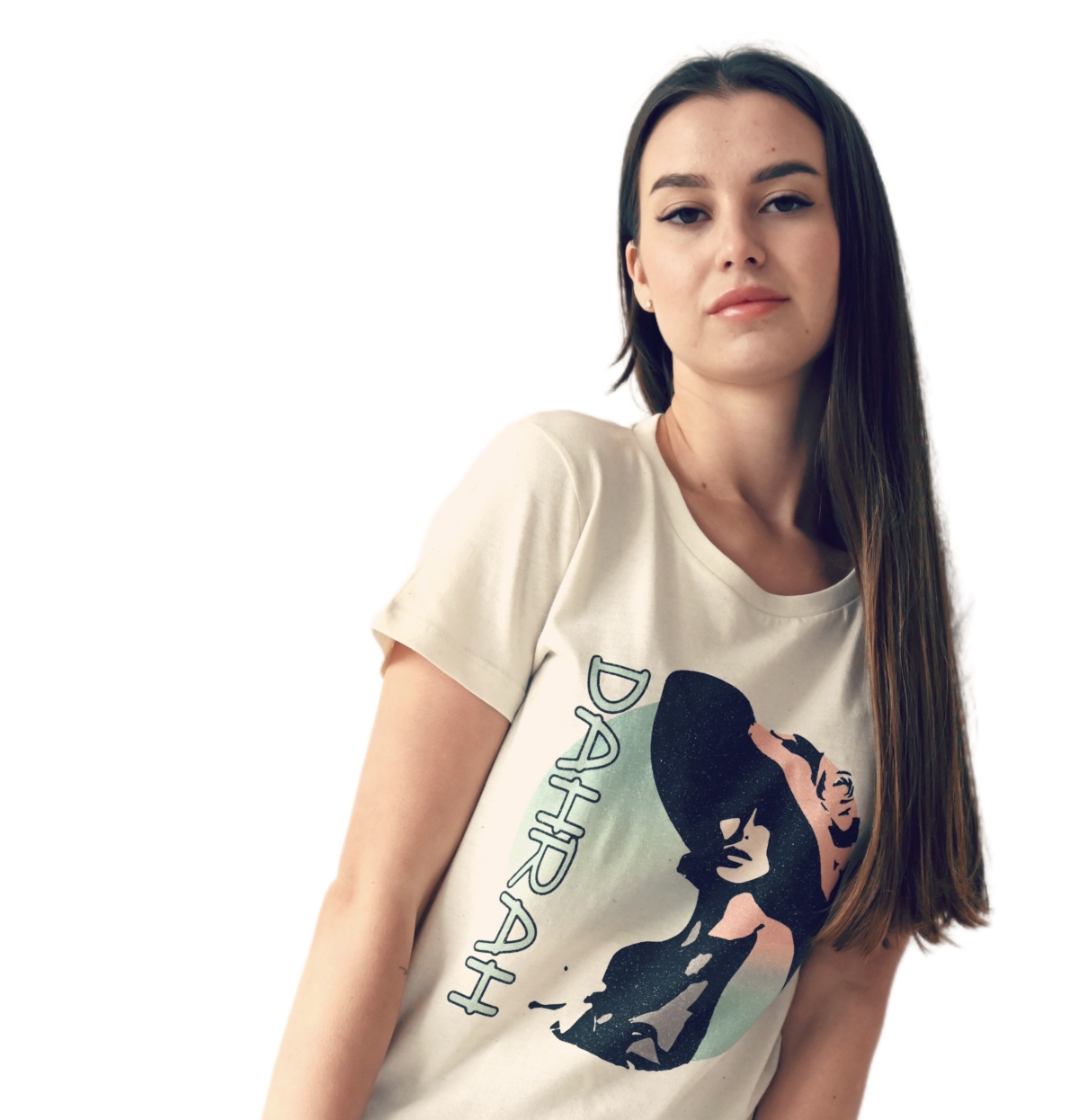 Organic cotton T-shirt with print of a beautiful confident lady with hat by Dahrah Darah Fashion.