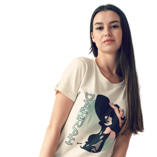 Organic cotton T-shirt with print of a beautiful confident lady with hat by Dahrah Darah Fashion.