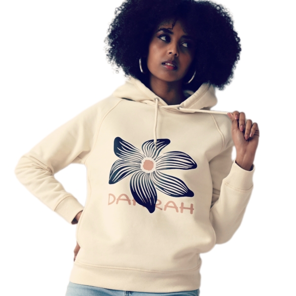 Beautiful high quality organic hoodie with print of a black flower by Dahrah Darah Fashion.