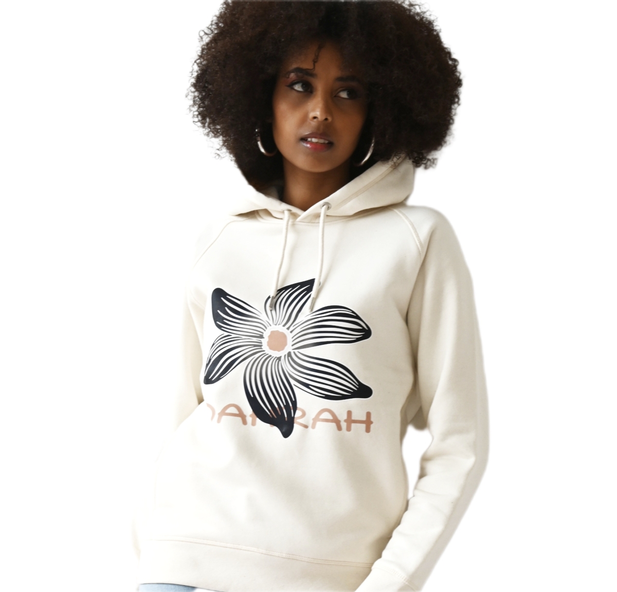 Beautiful high quality organic hoodie with print of a black flower by Dahrah Darah Fashion.