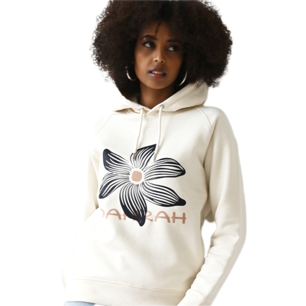 Beautiful high quality organic hoodie with print of a black flower by Dahrah Darah Fashion.