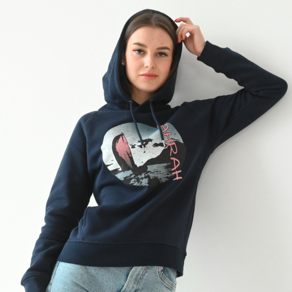 Beautiful organic hoodie with print of a sailing boat by Dahrah Darah Fashion.
