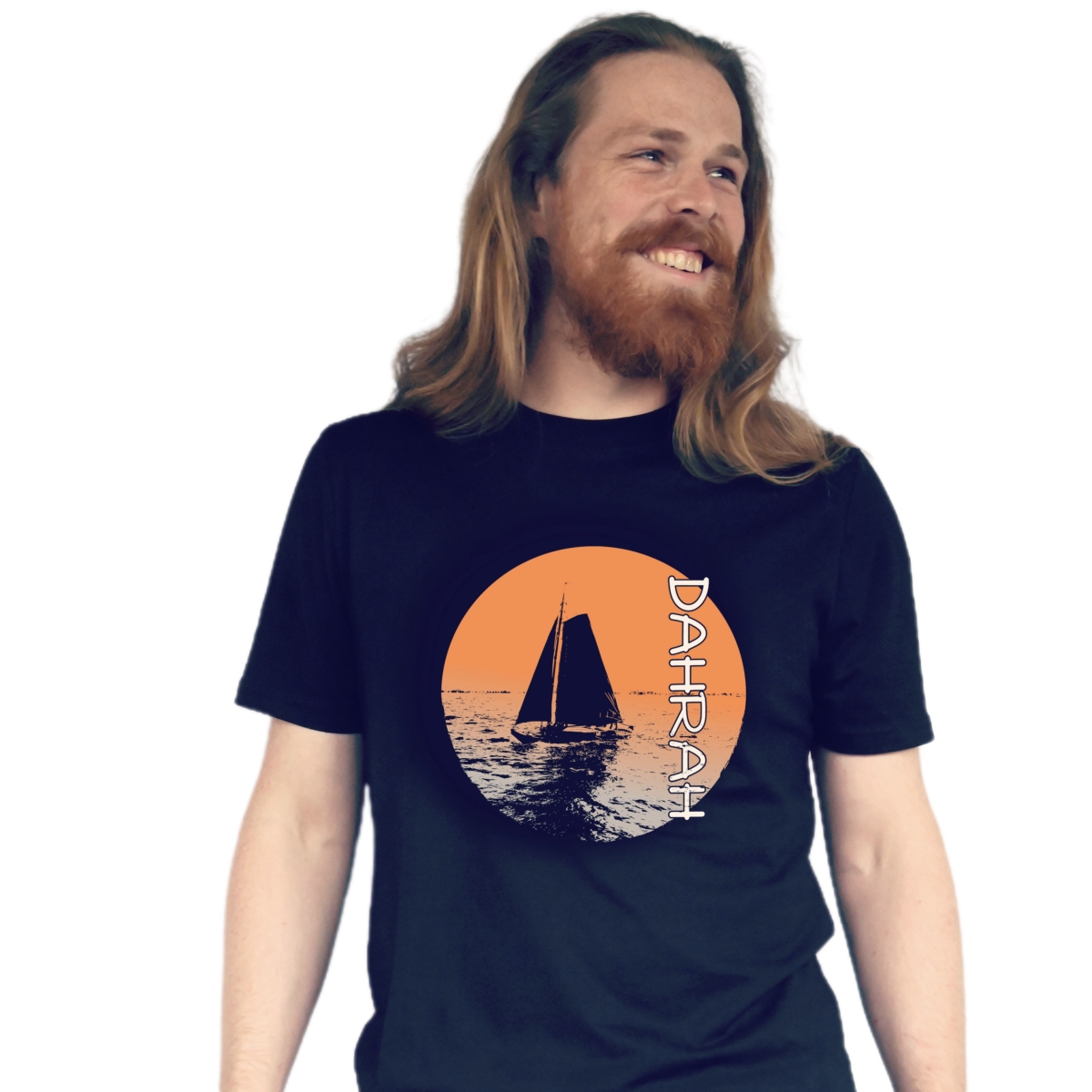 Dahrah Darah unisex organic cotton T-shirt with print of a sailboat in a lake.