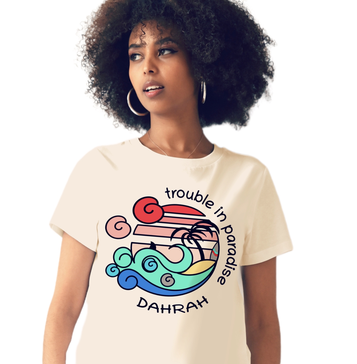 Organic cotton T-shirt with print of a surfing beach with a shark by Dahrah Darah.