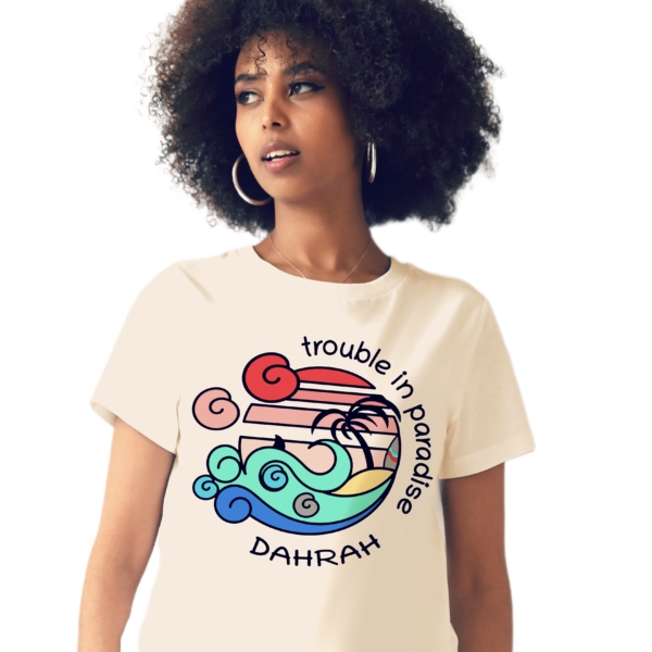 Organic cotton T-shirt with print of a surfing beach with a shark by Dahrah Darah.