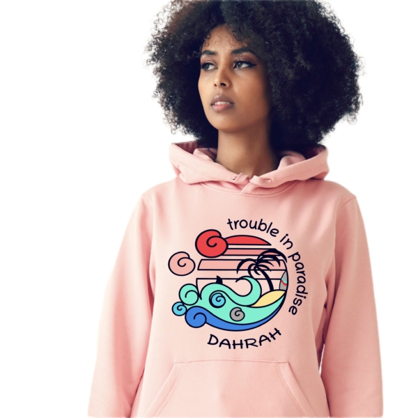 Organic hoodie with print of a tropical beach with shark and surfboard by Dahrah Darah Fashion.