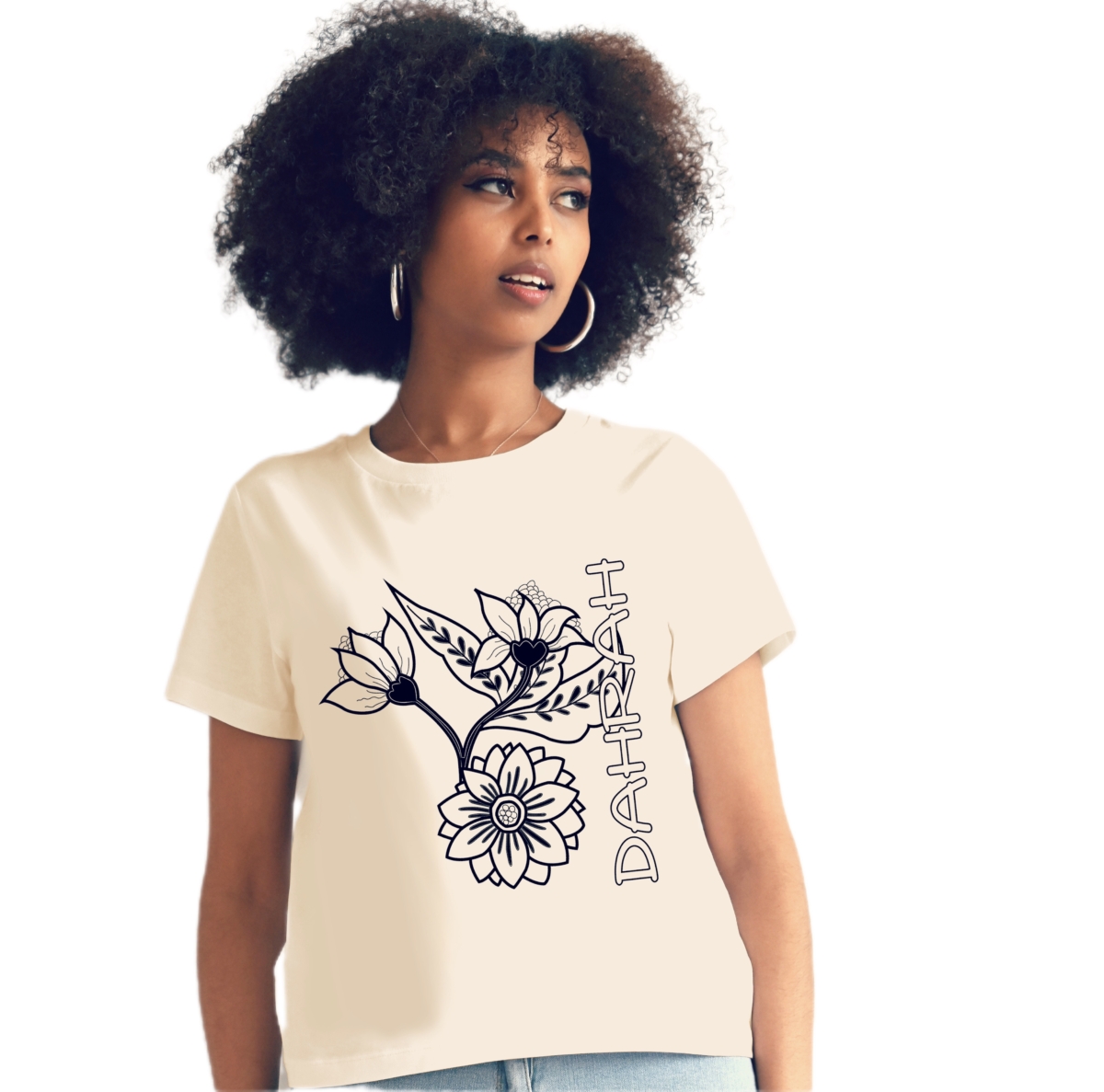 Organic cotton T-shirt with print of beautiful flowers by Dahrah Darah.