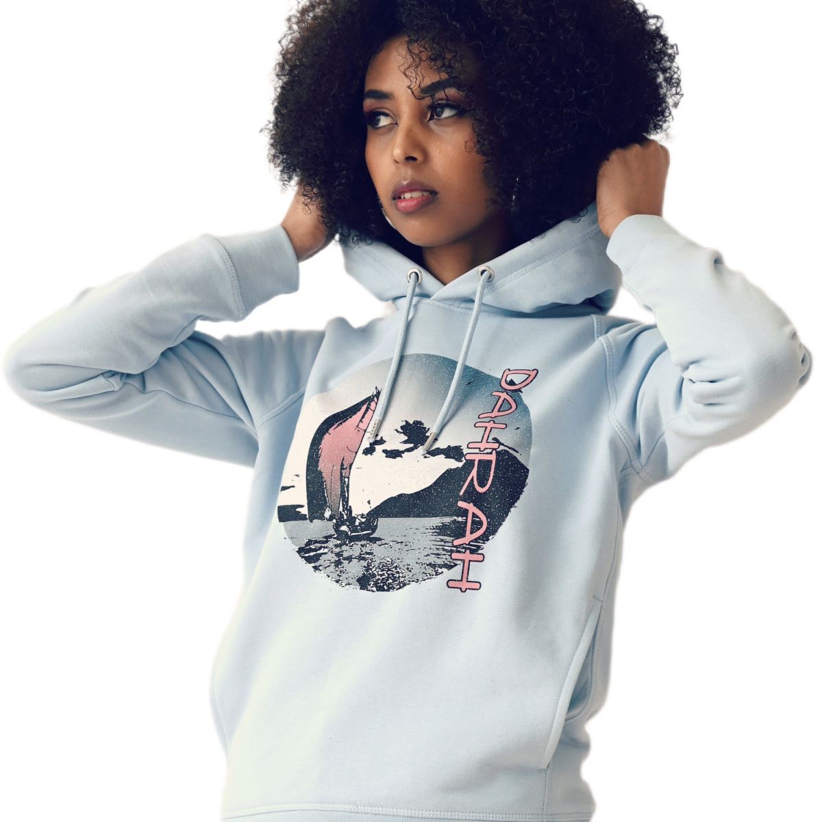 Beautiful organic hoodie with print of a sailing boat by Dahrah Darah Fashion.