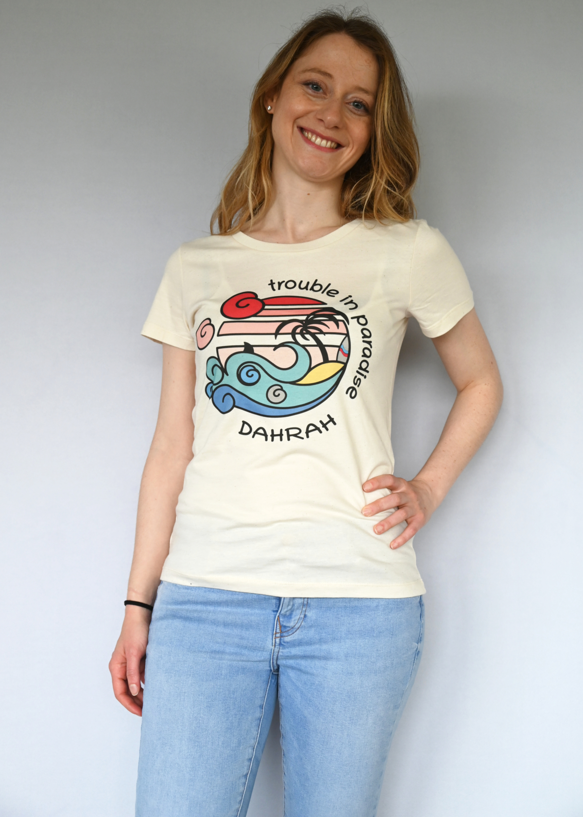 Organic cotton T-shirt with print of a surfing beach with a shark by Dahrah Darah.
