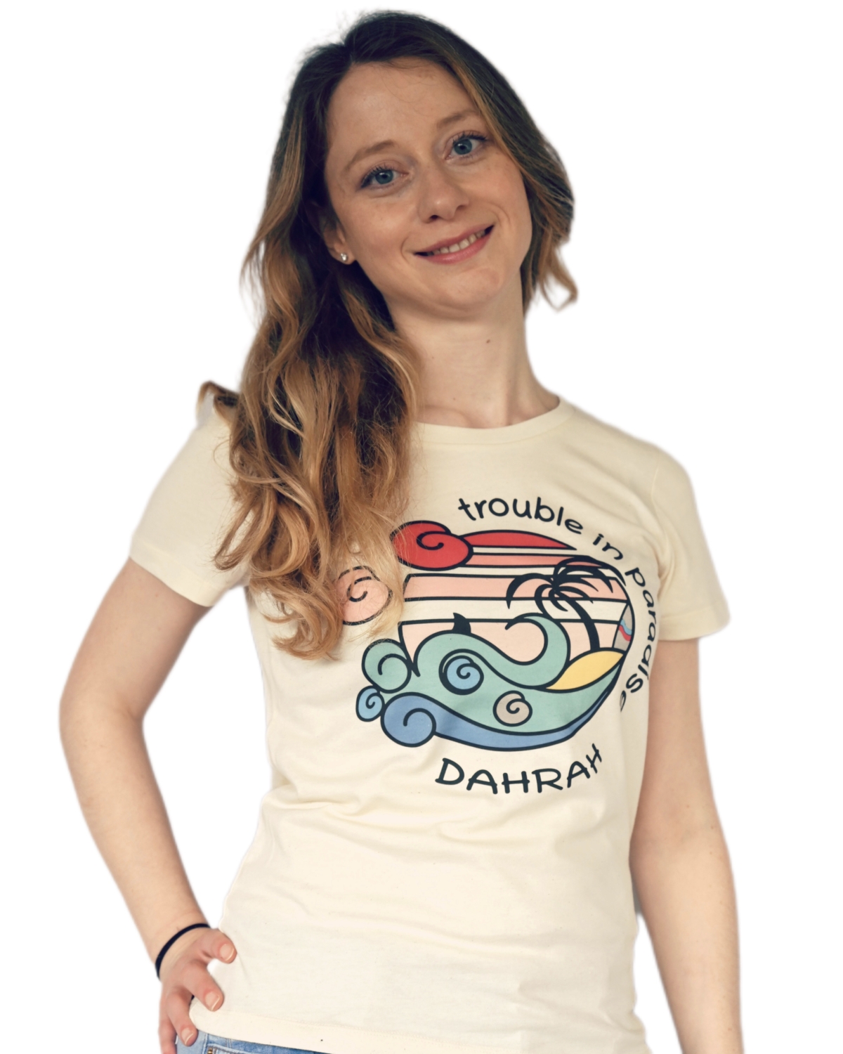 Organic cotton T-shirt with print of a surfing beach with a shark by Dahrah Darah.