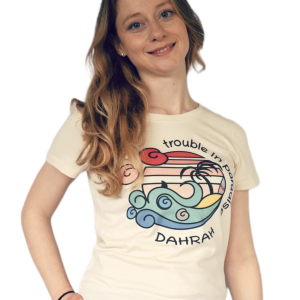 Organic cotton T-shirt with print of a surfing beach with a shark by Dahrah Darah.