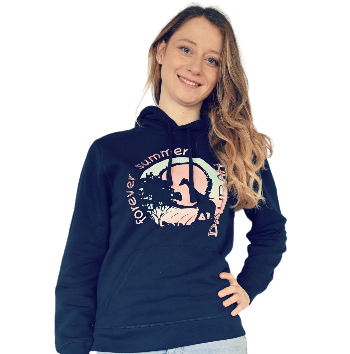 Organic hoodie with print of a giraffe and text forever summer by Dahrah Darah.