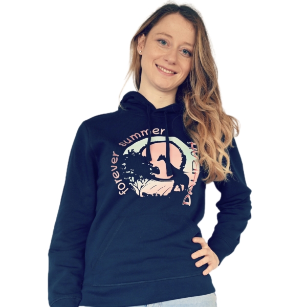 Organic hoodie with print of a giraffe and text forever summer by Dahrah Darah.