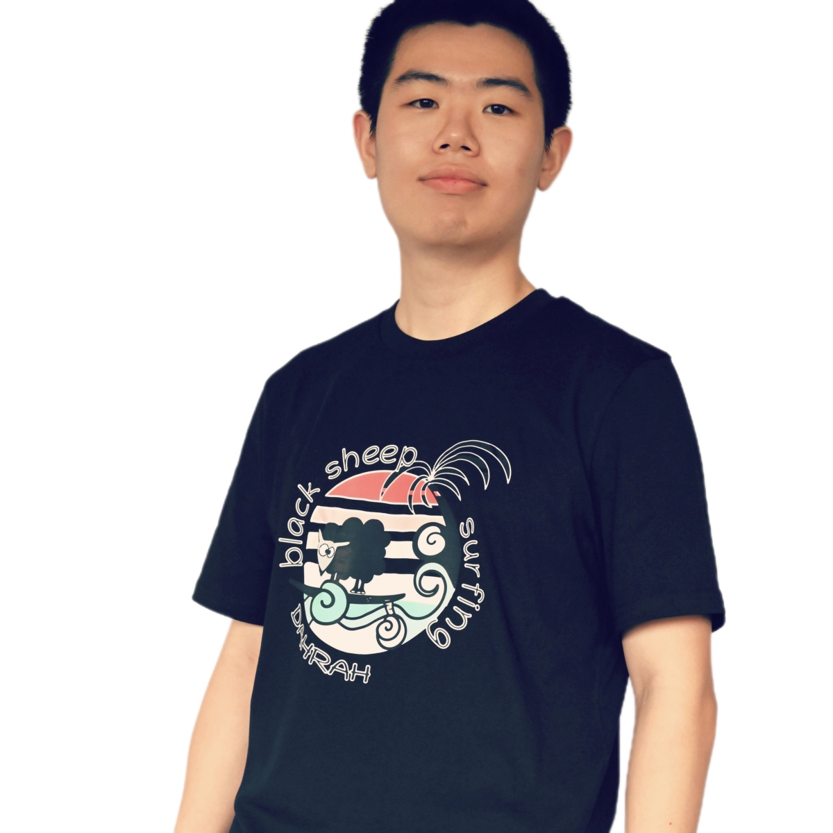 Organic cotton T-shirt with print of a black sheep surfing by Dahrah Darah.