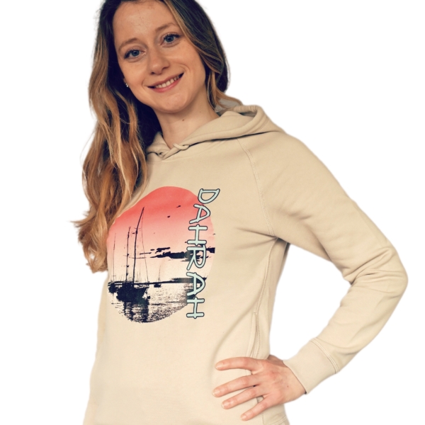 Dahrah Darah unisex organic hoodie with print of a sailboats at anchorage.